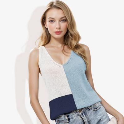 Anna-Kaci Women's V-Neck Color Block Sleeveless Sweater Top Lightweight Knit Design