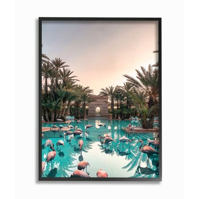 Stupell Industries Tropical Pink Flamingo Pool Relaxed Reflection Palm Trees