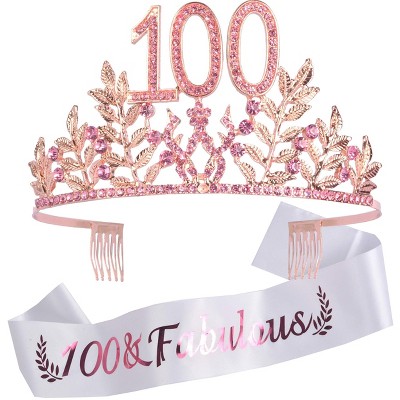 DORADREAMDEKO Premium Metal Tiara And 100th Birthday Sash - Pink