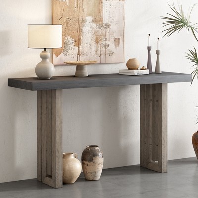 LOVMOR 59" Retro Console Table, Oak Veneer Entryway Table with Distinctive Side Shapes, for Entrance, Hallway, Living Room, Foyer, Corridor
