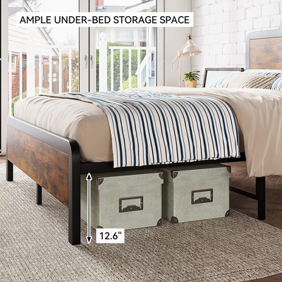 Metal Bed Frame with Rustic Vintage Wooden Headboard and Footboard