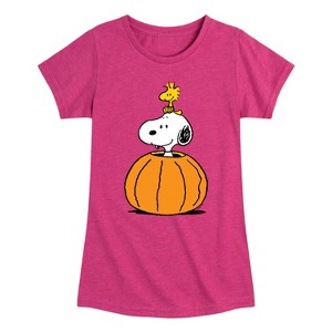 Girls' - Peanuts - Snoopy Woodstock Pumpkin Fitted Short Sleeve Graphic T-Shirt - 1 of 4