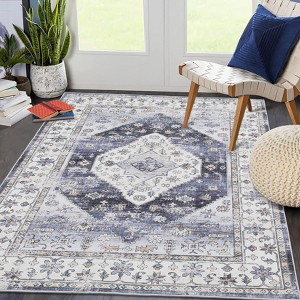 Washable Vintage Medallion Living Room Rug, Non-Slip Retro Oriental Carpet, Soft Non-Shedding Floor Mat, Low Pile Foldable - 1 of 4