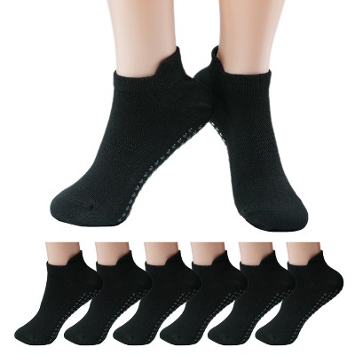 Boersma 6 Pairs Women’s Non-Slip Pilates Socks – Soft Thin Cotton Ankle Grip Socks, Breathable Crew Bootie Socks for Daily Wear or Workouts – Black