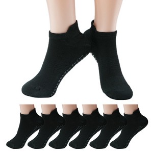 Boersma 6 Pairs Women’s Non-Slip Pilates Socks – Soft Thin Cotton Ankle Grip Socks, Breathable Crew Bootie Socks for Daily Wear or Workouts – Black - 1 of 4
