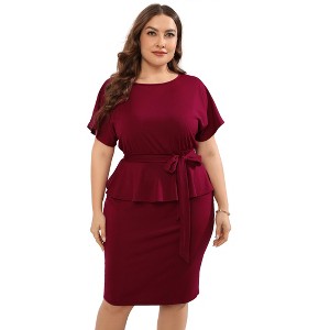 YESFASHION Women Plus Size Bodycon Elegant Midi Dress Peplum Business Work Office Sheath Pencil Cocktail Party Dress with Belt - 1 of 4