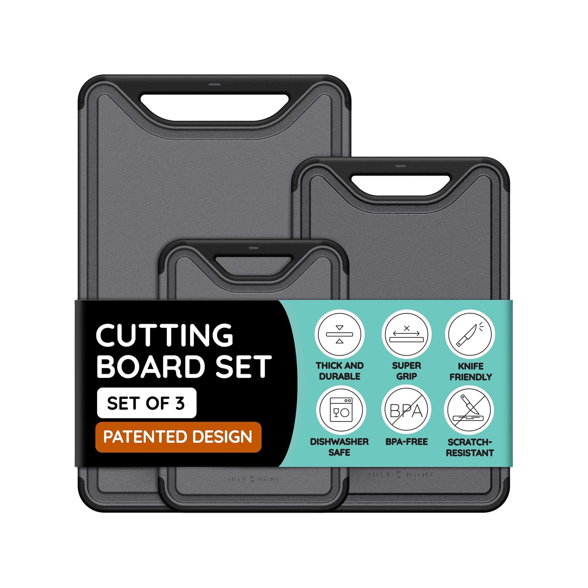 July Home Plastic Cutting Board Set of 3, Dishwasher Safe with Juice Grooves and Non-Slip (Black/Gray)