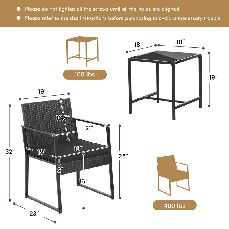 Tangkula 3PCS Patio Rattan PE Wicker Bistro Set Outdoor Furniture Set w/ Table & Cushion, 5 of 11