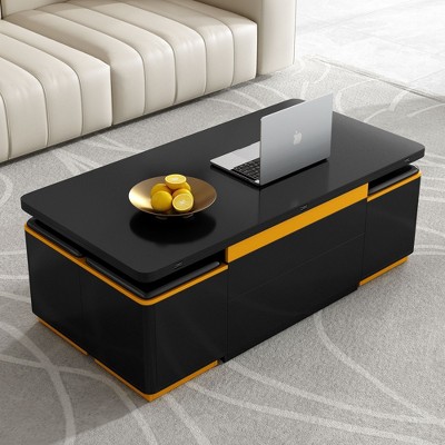 NicBex 16.9"-24.4"Exquisite Lift-Up Coffee Table Combo with 4 Stools for Living Room,2-In-1 Accent Center Table&Low Dining Table,130lbs Max
