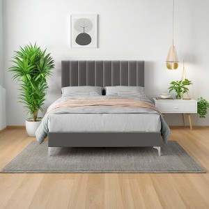 Bed Frame with Adjustable Velvet Headboard - Strong Wooden Slat Support, No Box Spring Needed, Noise-Free Sleep, Easy Assembly - 1 of 4