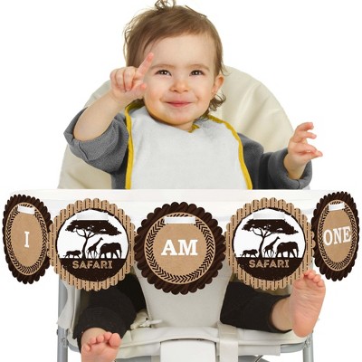 Big Dot of Happiness Wild Safari 1st Birthday Highchair Decor - I Am One - First Birthday High Chair African Jungle Adventure Birthday Banner