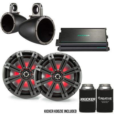 Kicker 8" Black\Charcoal Wake Tower LED Marine Speakers 1-Pair with 300 Watt Marine Amplifier