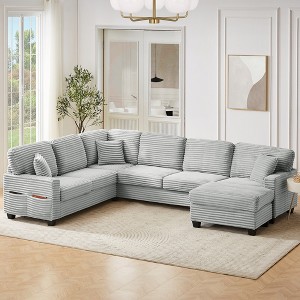 125.2" U-Shaped Sectional Sofa with Movable Ottoman, Corduroy Upholstery, Storage Pockets & Pillows, L-Shaped Convertible Couch for Living Room - 1 of 4