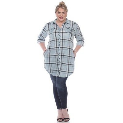 Women's Printed Plaid Roll Tab Tunic - White Mark