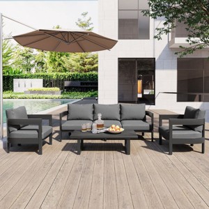 4-Piece Outdoor Patio Seating Set, Round Armrest Conversation Chair with Coffee Table, Chairs with Iron Frame and Foam Cushions-Cuddlewood - 1 of 4