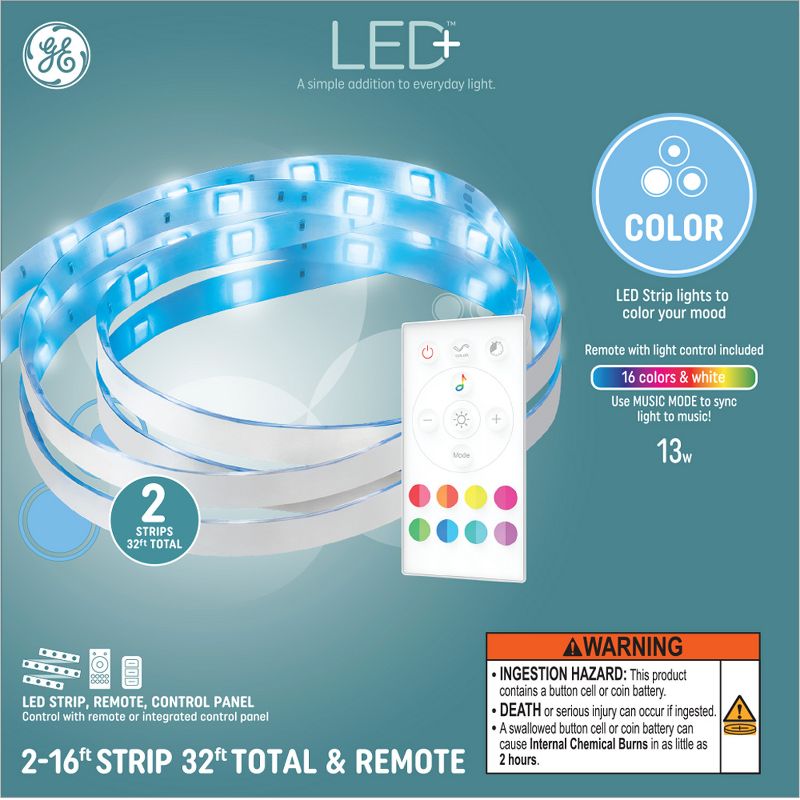 GE 32ft Remote and Control Panel Included LED+ Color Changing Light Strips, 1 of 8