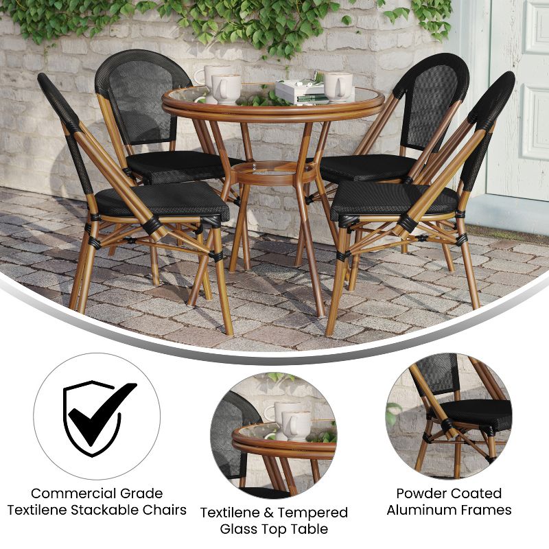 Flash Furniture Marseille Indoor/Outdoor Commercial French Bistro 31.5" Table, Textilene, Glass Top with 4 Stack Chairs, 4 of 11