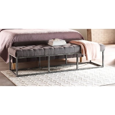 Midnight Charcoal Tufted Bench with Iron Legs, 72.5"