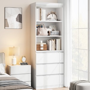 Wood Deep Bookshelves, 6 Tier Farmhouse Bookshelf, Bookcase with 3 Drawers for Living Room, Kitchen, Home Office, Storage Display Cabinet Organizer - 1 of 4