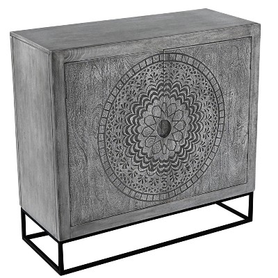 The Urban Port 39" Cabinet with 2 Doors Medallion Engraved Sandblasted Black Iron Framed Stand Gray/Black