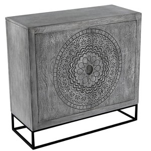 The Urban Port 39" Cabinet with 2 Doors Medallion Engraved Sandblasted Black Iron Framed Stand Gray/Black - 1 of 4
