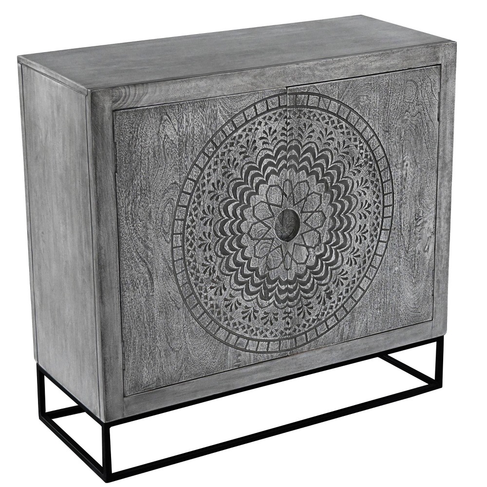 The Urban Port 39" Cabinet with 2 Doors Medallion Engraved Sandblasted Black Iron Framed Stand Gray/Black