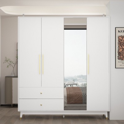 FUFU&GAGA White Wardrobe with Mirror Modern Deco Style Armoire with Four Doors and Two Drawers