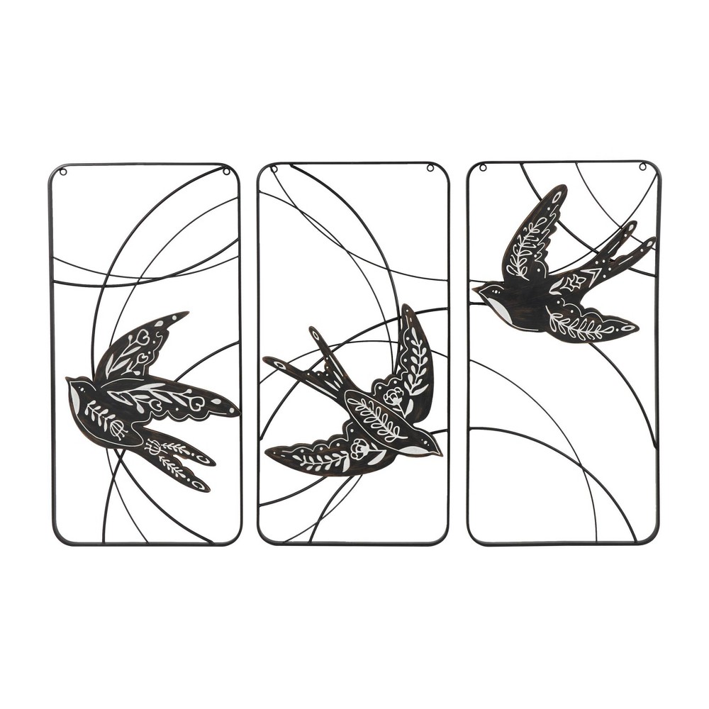 Photos - Wallpaper Set of 3 Metal Bird Open Frame Wire Wall Decors with White Floral Patterns