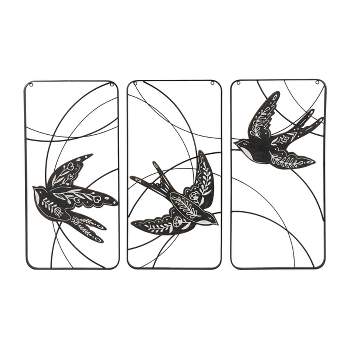 Set of 3 Metal Bird Open Frame Wire Wall Decors with White Floral Patterns Black - Olivia & May