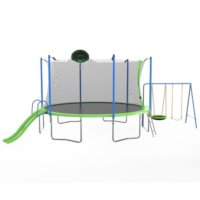 HFYee 12/14FT Mega Playground Trampoline Slide, Swings & Hoop Safety Combo for Ages 8+ High Capacity