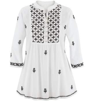 Collections Etc Intricate Embroidered 3/4 Sleeve Woven Cotton Tunic