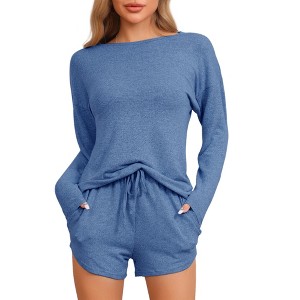 cheibear Women's Long Sleeve Top and Elastic Waistband Shorts with Pockets Pajamas Set - 1 of 4