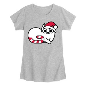 Girls' - Instant Message - Candy Cane Kitten Fitted Short Sleeve Graphic T-Shirt - 1 of 4