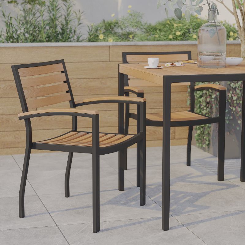 Emma and Oliver Set of 2 Stackable All-Weather Black Aluminum Patio Chairs with Faux Teak Slats, 2 of 12