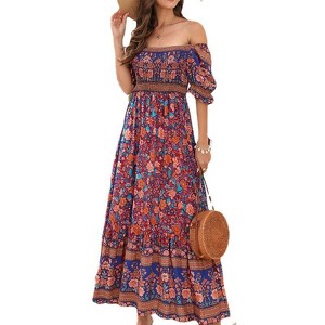 Coolmee Women's Summer Square Neck Ruffle Puff Sleeve Boho Elastic Waist Smocked Flowy A Line Tiered Maxi Dresses - 1 of 2