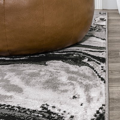 Ivory and Black Abstract Marbled Runner Rug