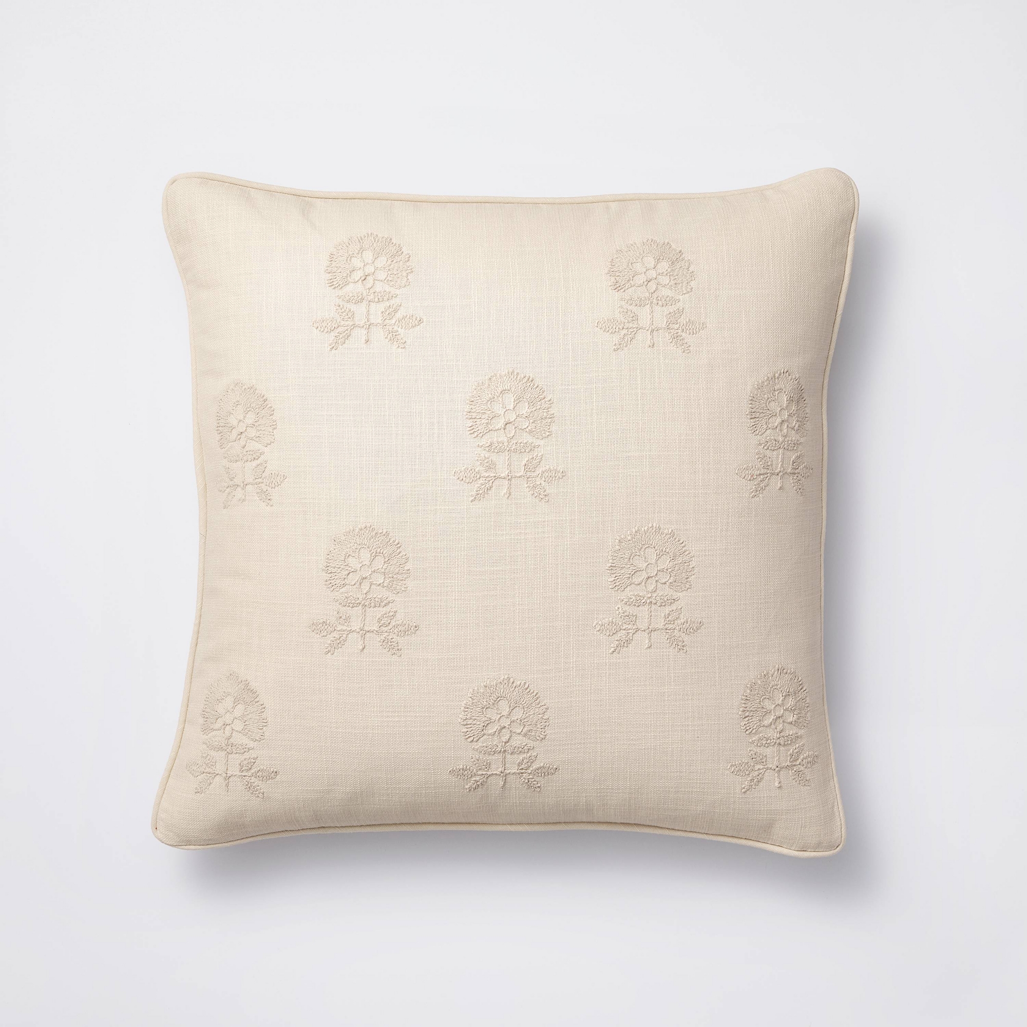 Square Embroidered Floral Decorative Throw Pillow Light Beige - Threshold™ designed with Studio McGee: Cotton Weave, Indoor Use, Hidden Zipper