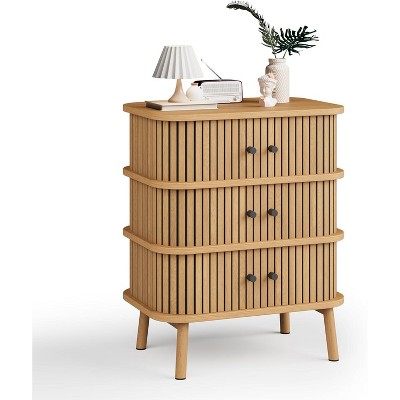 3 Drawer Dresser, Chest of Drawers for Bedroom, Mid Century Modern Nightstand, Spacious Storage Wicker Dresser with Matte Black Handles and Wood Legs