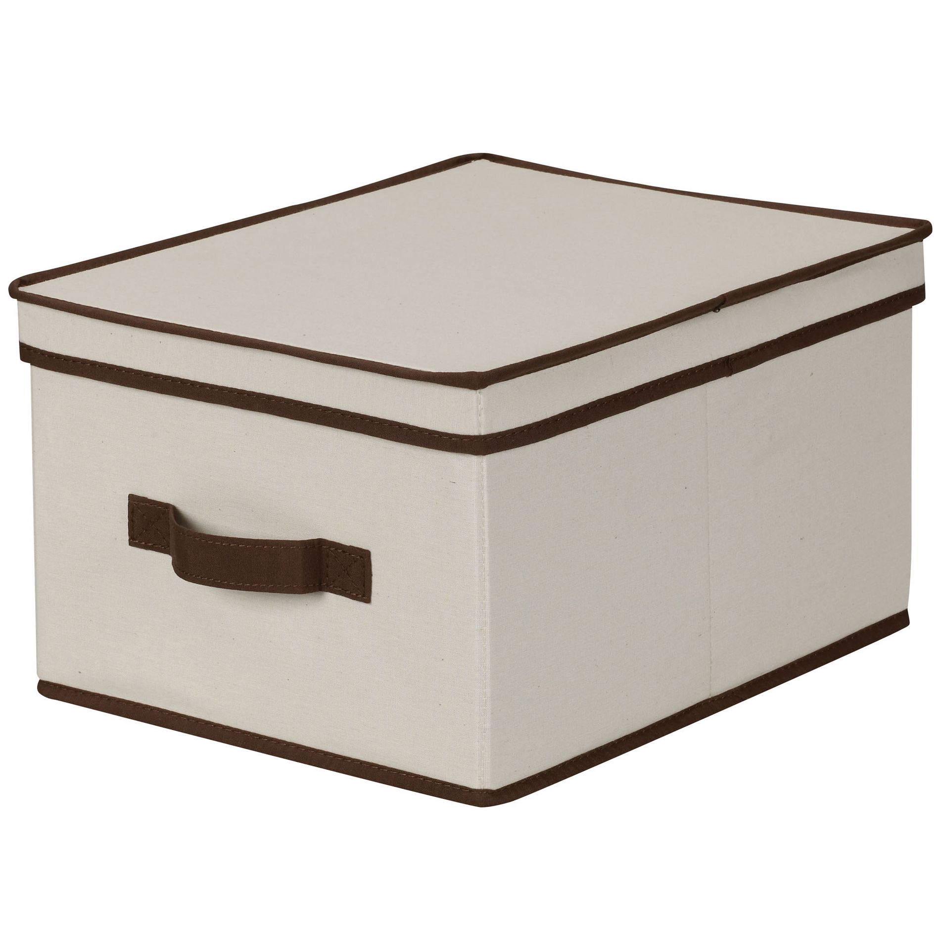 Large Storage Box with Lid, Soft Poly-Cotton Canvas with Reinforced Frame, Natural with Coffee Trim