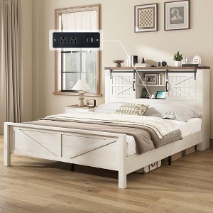 AMERLIFE Farmhouse Bed Frame, Storage Headboard, Charging Ports, No Box Spring - 1 of 4