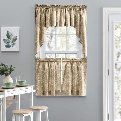 Tan Leaf Pattern Poly-Cotton Rod Pocket Curtain Tiers
