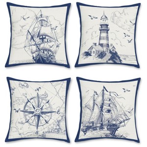 Nautical Sailing Throw Pillow Covers 18 x 18 Inch Set of 4 Sailboat Compass Lighthouse - 1 of 4