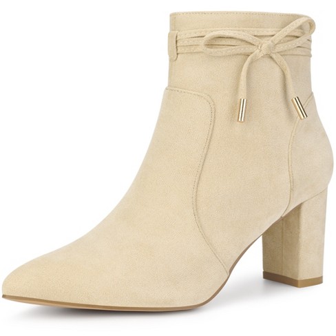 Perphy Women's Pointed Toe Bow Chunky Heel Ankle Boots Beige 7 : Target
