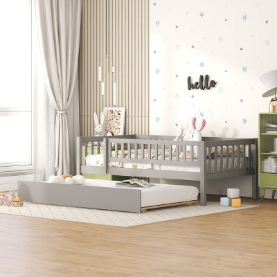 ALEXOUN Twin Size Daybed with Trundle and Fence Guardrails,Wood Day Bed Frame with Backrest and Armrest,No Box Spring Needed