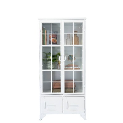 White Metal Freestanding Cabinet with Glass Doors and Shelves