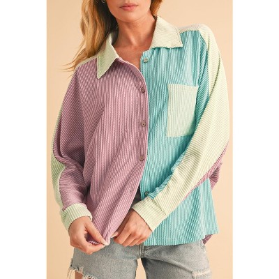 I AM A FASHION JUNKY Phalaenopsis Color Block Crinkle Rib Buttoned Oversized Shirt Phalaenopsis S