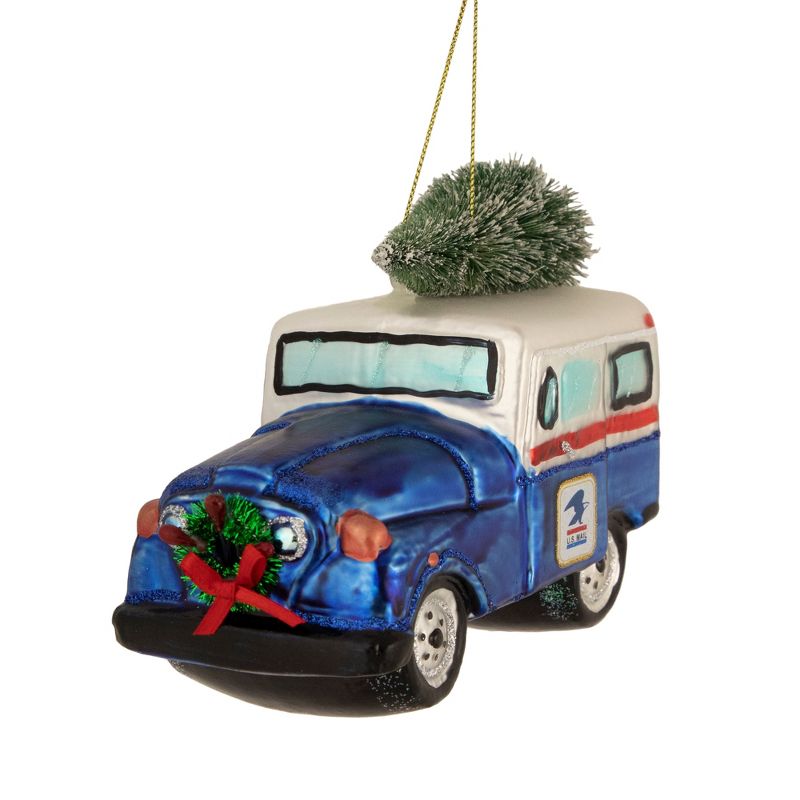Northlight 5" Blue and White "USPS. Mail" Service Truck with Tree Glass Christmas Ornament, 3 of 5