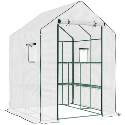 Outsunny 4.6' x 4.7' Portable Greenhouse, Small Walk-In Greenhouse, Hot House with 2 Tier U-Shape Flower Rack