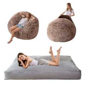 MAXYOYO Bean Bag Bed, Faux Fur BeanBag Chair to Velvet Floor Bed with Removable Cover, Coffee - 1 of 4