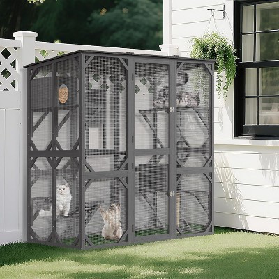 68'' Wooden Catio - 4-Tier Outdoor Cat Enclosure w/ 2 Doors, Scratching Post & UV Protection for Multiple Cats